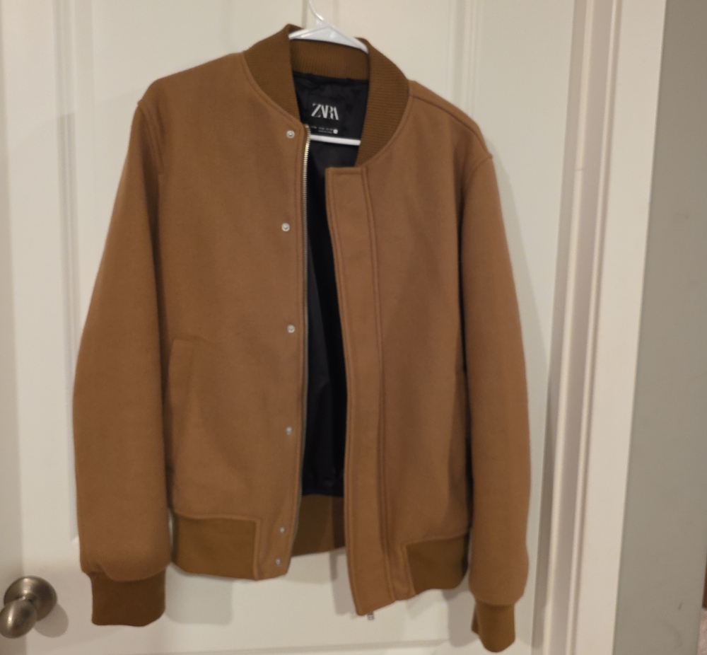 Zara Camel Bomber Jacket with Ribbed Trim